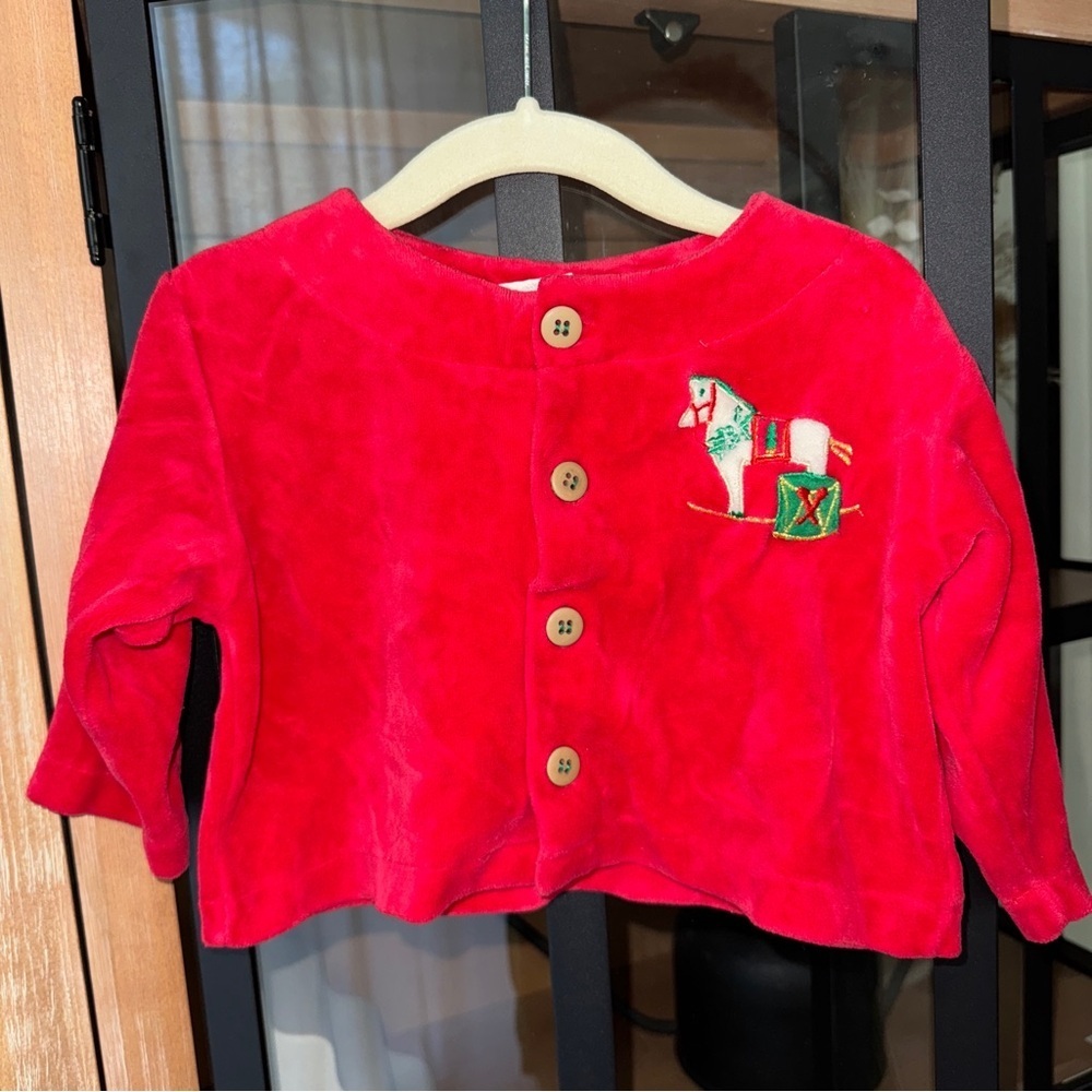 Vintage 80s rocking horse embroidered velvet cardigan baby sweater Christmas